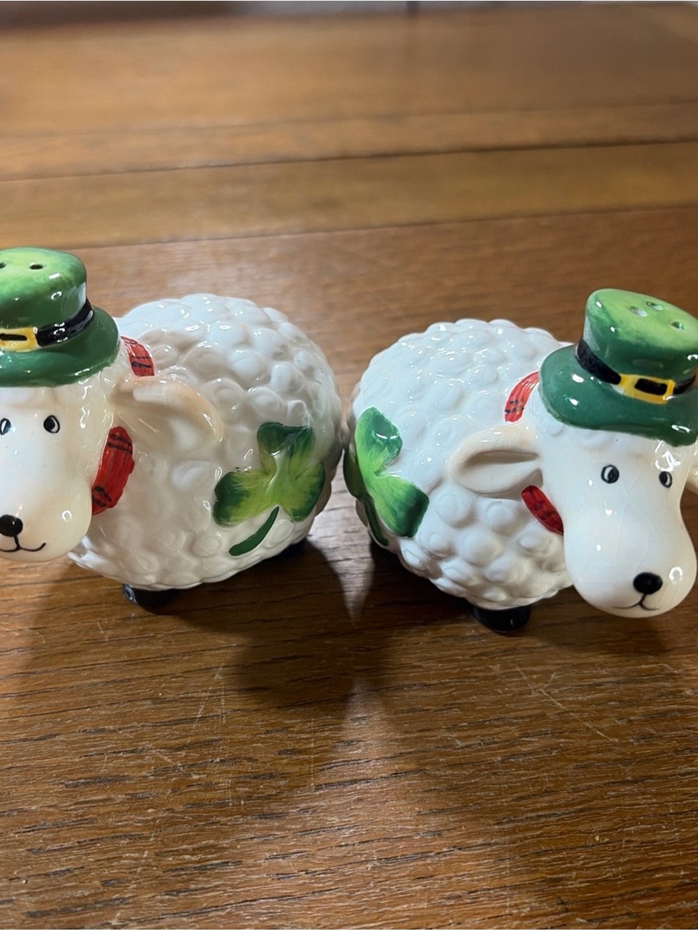 Green Shamrock Sheep Salt and Pepper Shakers - Ceramic Kitchen Set